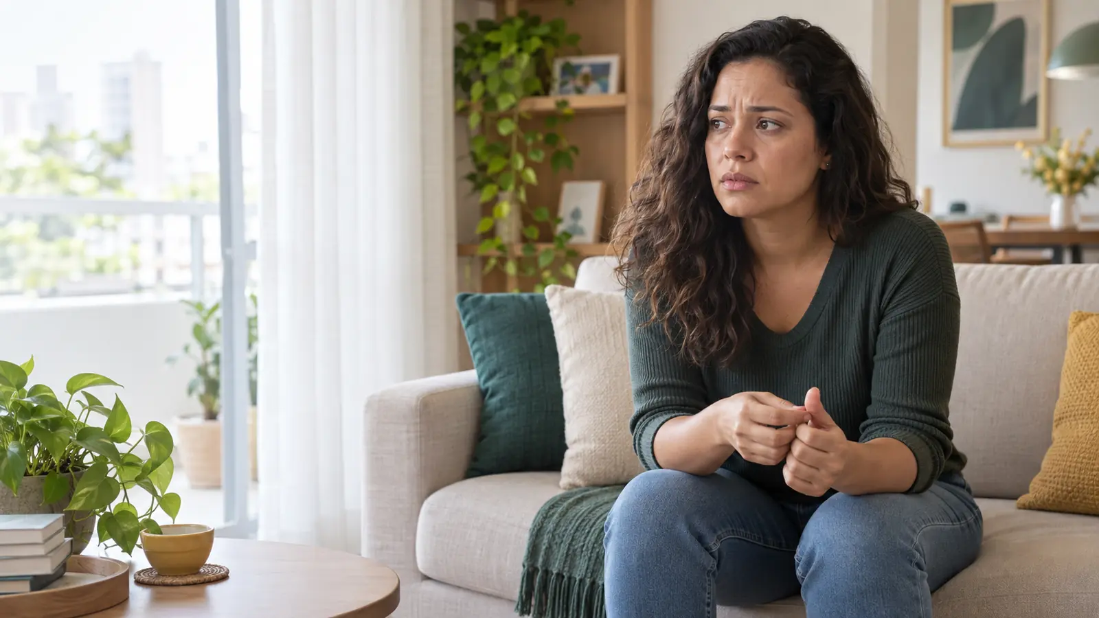 Mulher observa suas emoções em momento de ansiedade e preocupação