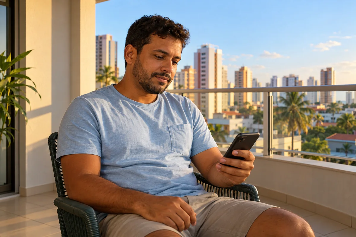 Homem sentado na varanda de casa olhando para o celular