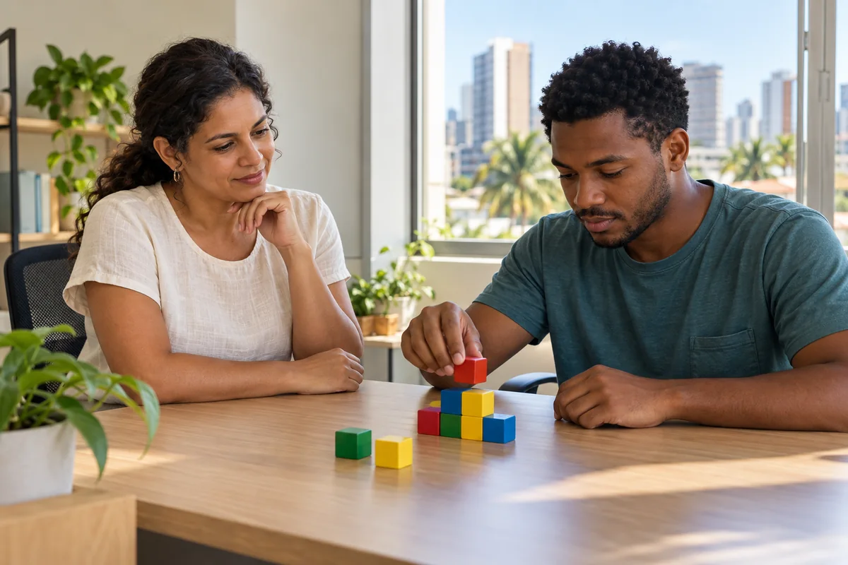 Homem montando um padrão com cubos coloridos enquanto uma profissional observa