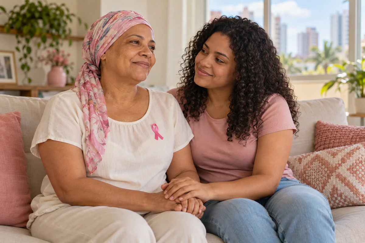 Mulher com lenço na cabeça e laço rosa segurando a mão da filha no sofá