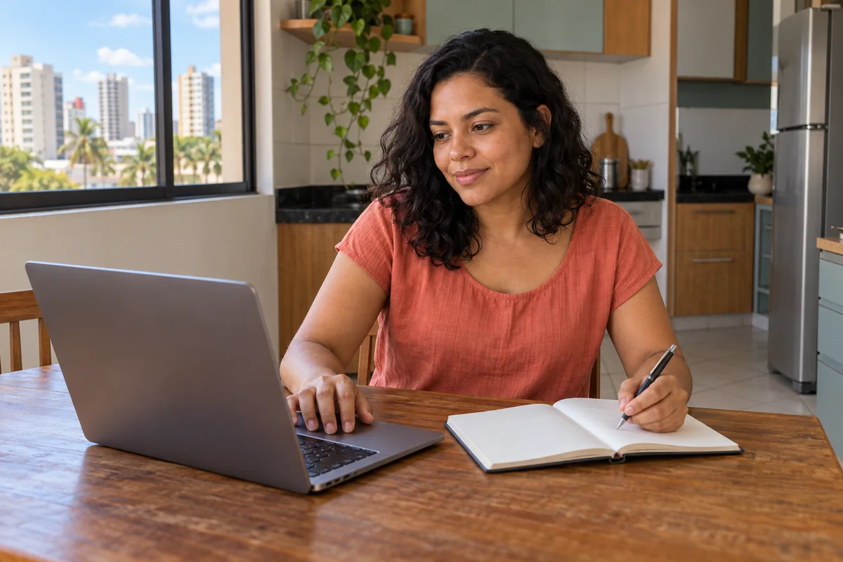 Mulher pesquisando no notebook à mesa da cozinha com um caderno ao lado