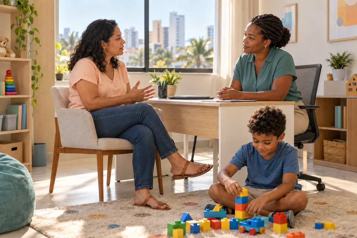 Mãe conversando com uma profissional enquanto o filho brinca com blocos no tapete