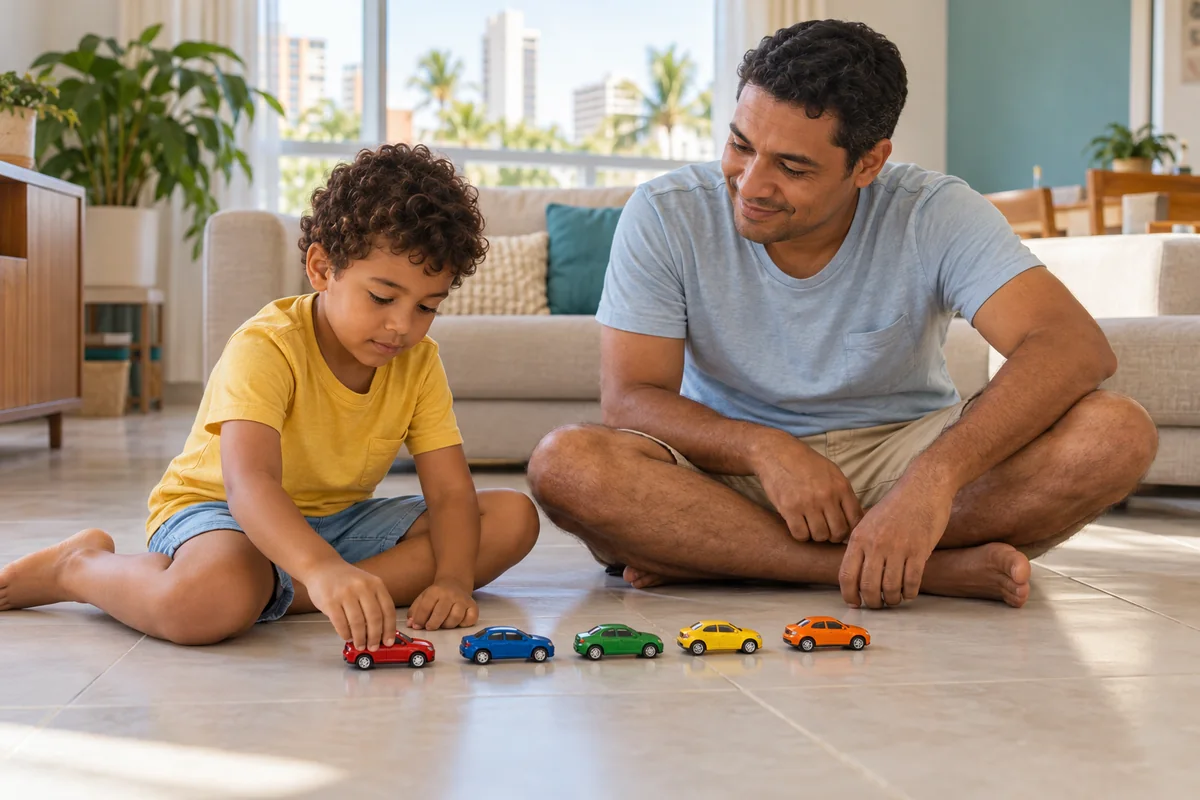 Criança enfileirando carrinhos no chão da sala com o pai observando