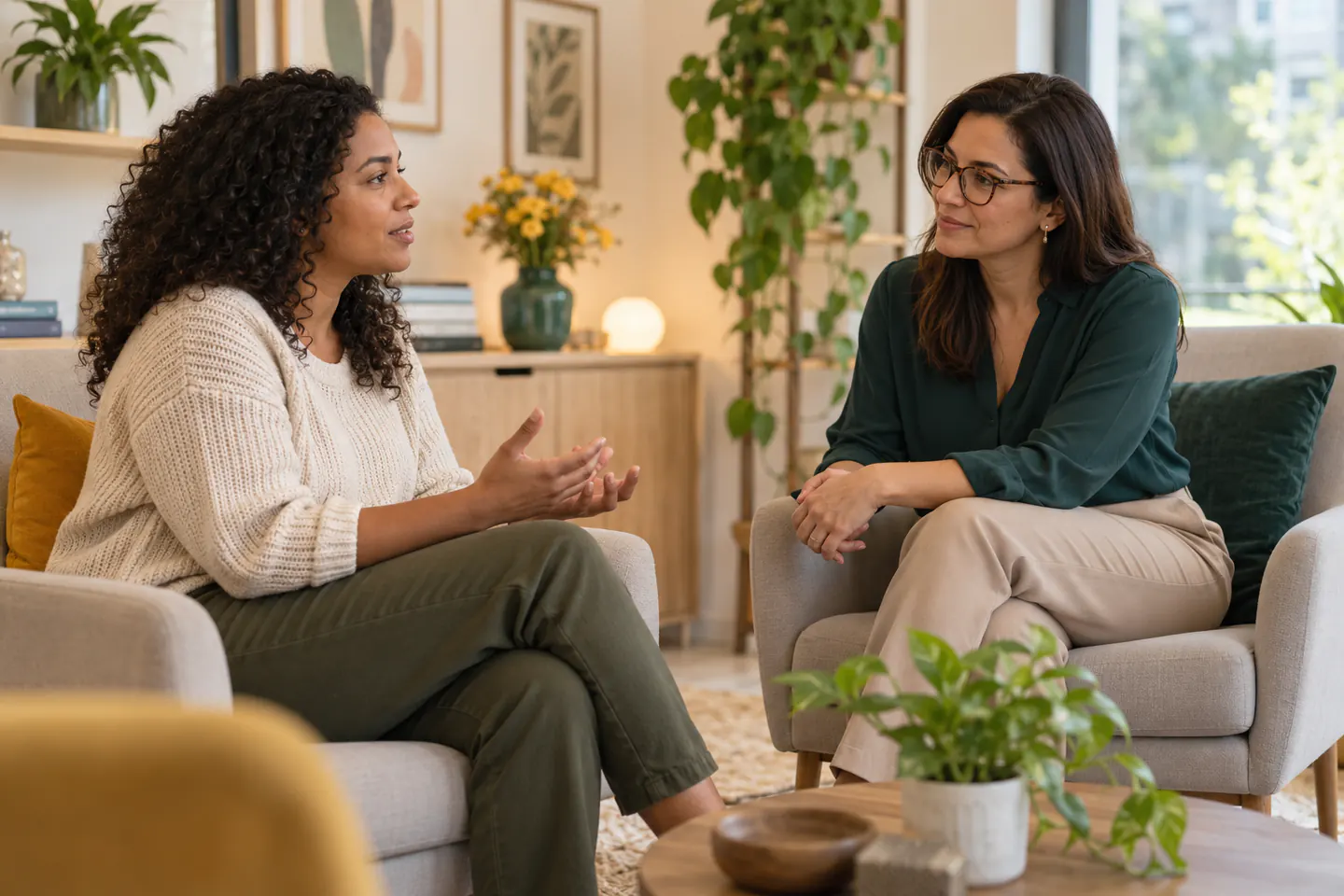 Psicóloga escuta uma mulher durante conversa sobre saúde mental