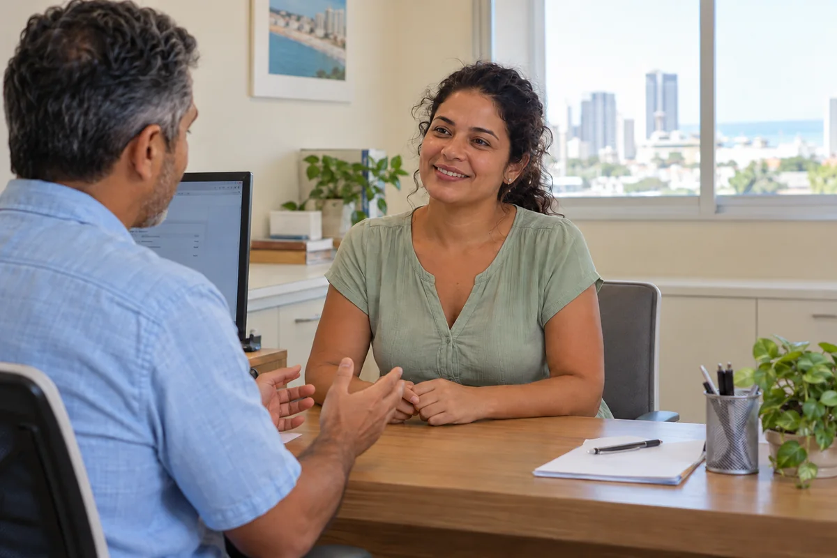 Mulher adulta conversando com um profissional em uma cena ilustrativa de consulta