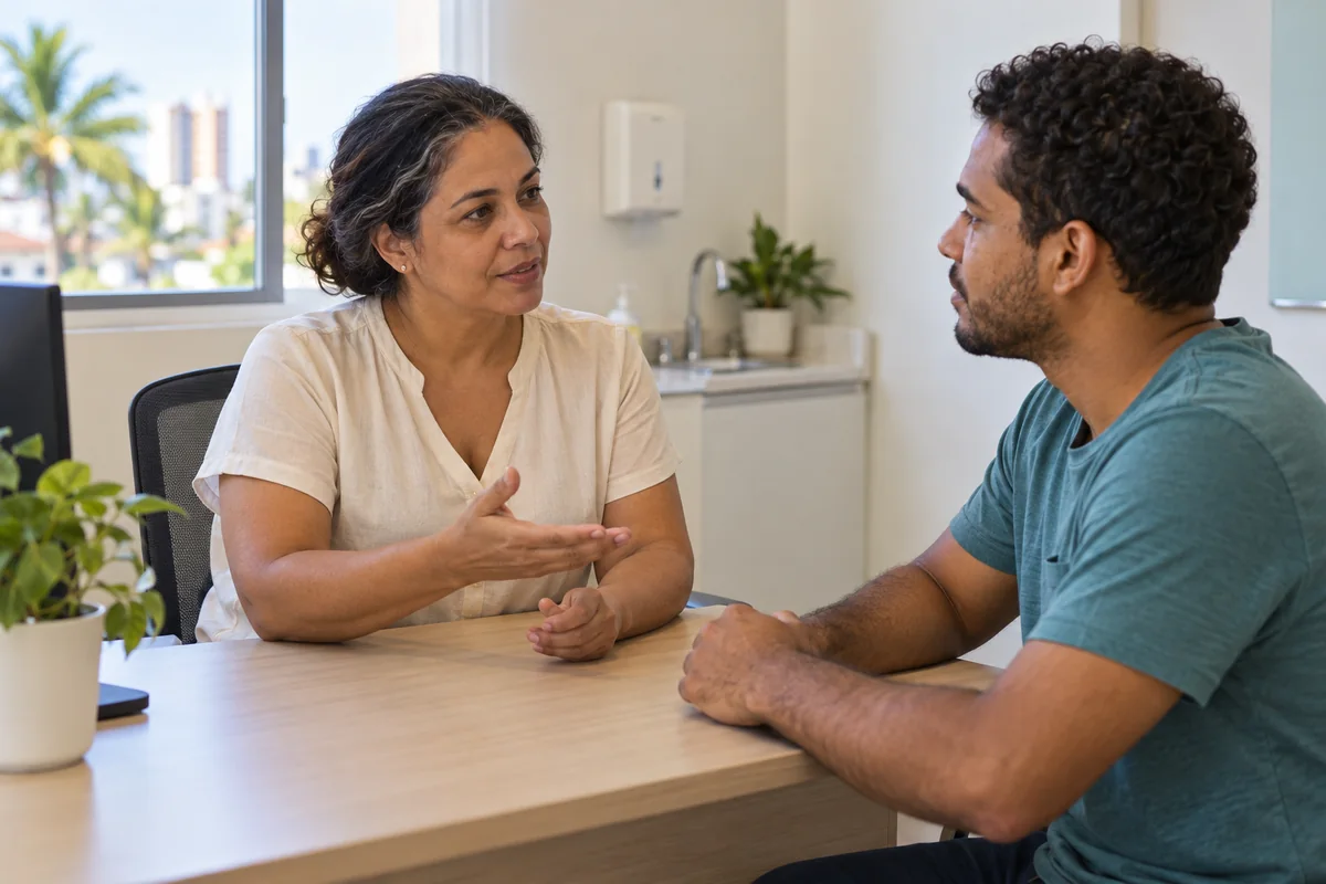 Profissional explicando orientações a um homem adulto durante uma conversa ilustrativa