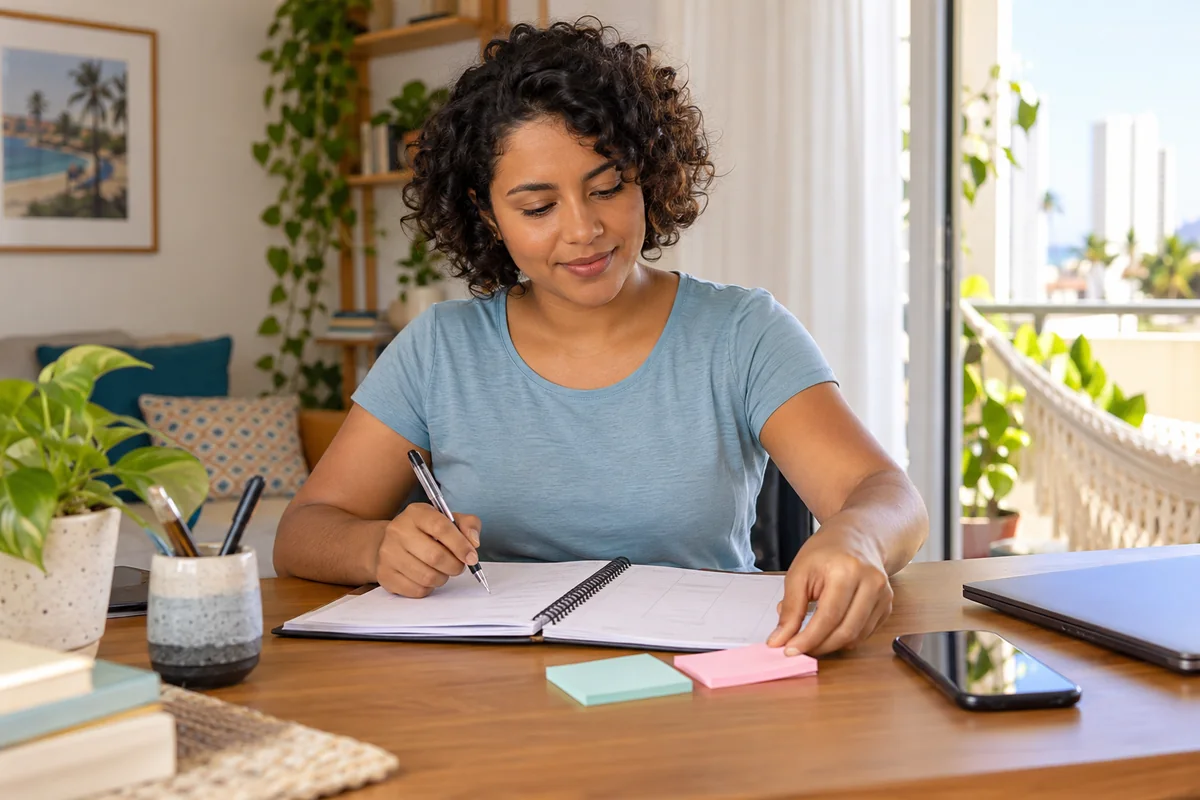 Mulher organizando atividades com agenda, notas adesivas e celular
