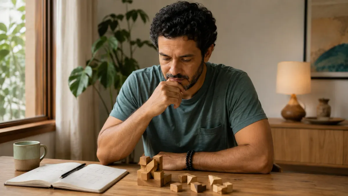 Homem pensativo resolvendo um quebra-cabeça de blocos de madeira sobre a mesa, com caderno de anotações ao lado