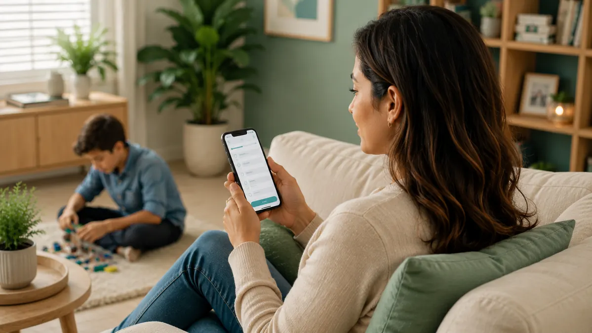 Responsável respondendo pelo celular ao teste infantil de perfil de TDAH e TEA