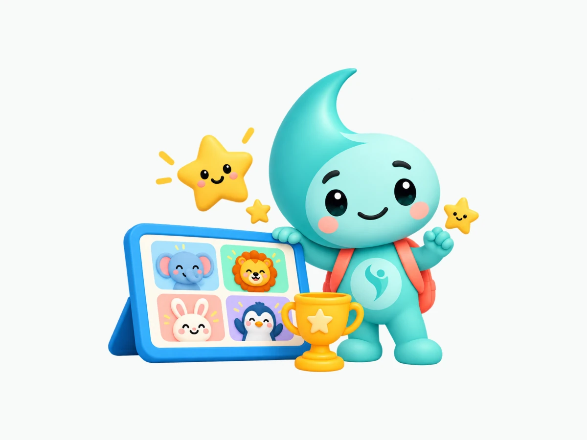 Lumi, a mascote do iClinic Kids, ao lado de um tablet com jogos de animais