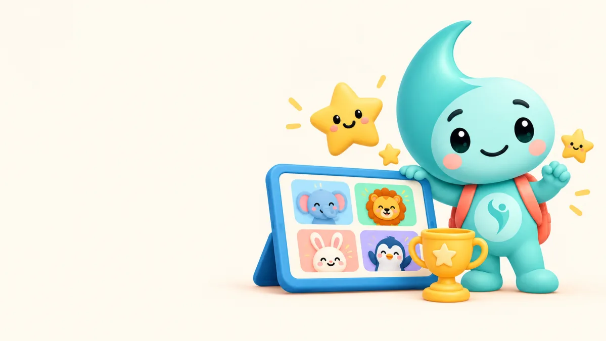 Lumi, a mascote do iClinic Kids, ao lado de um tablet com jogos de animais