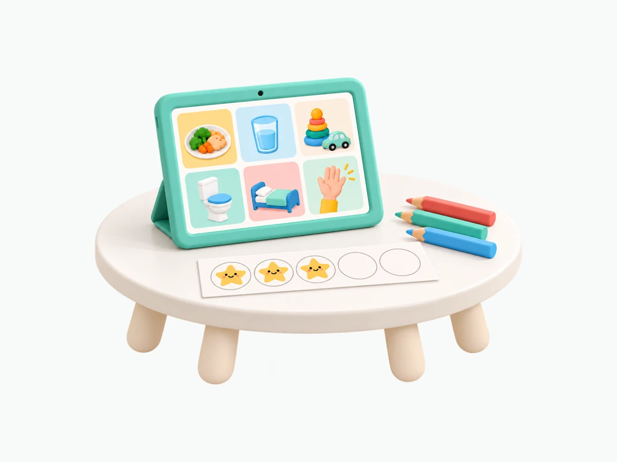 Tablet com cartões de comunicação e quadro de estrelas sobre a mesa de atendimento
