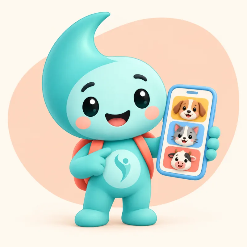 Lumi, a mascote do iClinic Kids, mostrando um celular com os jogos de animais
