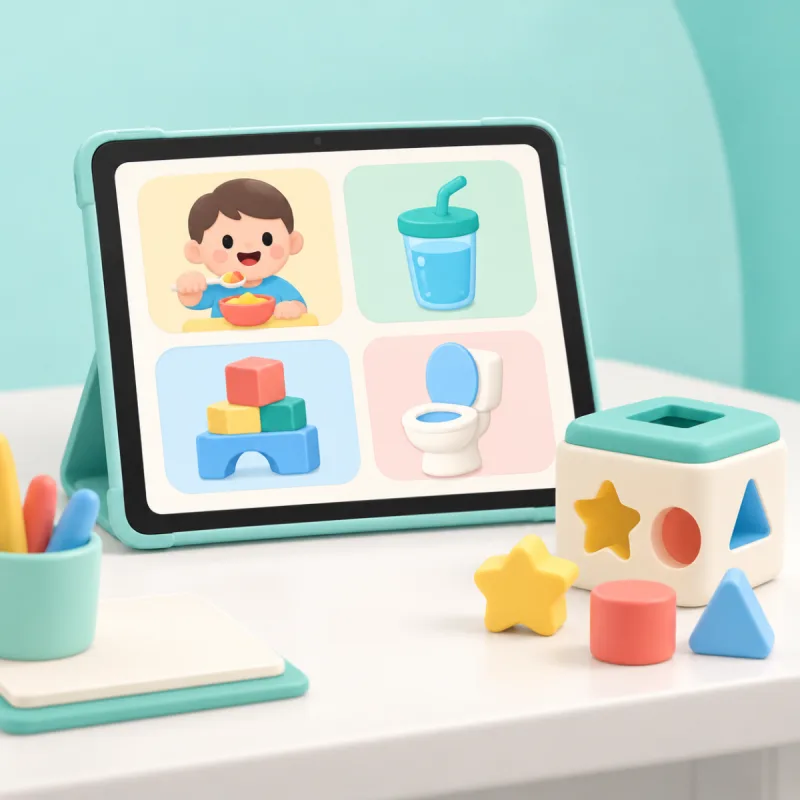 Tablet com cartões de comunicação sobre a mesa de atendimento infantil